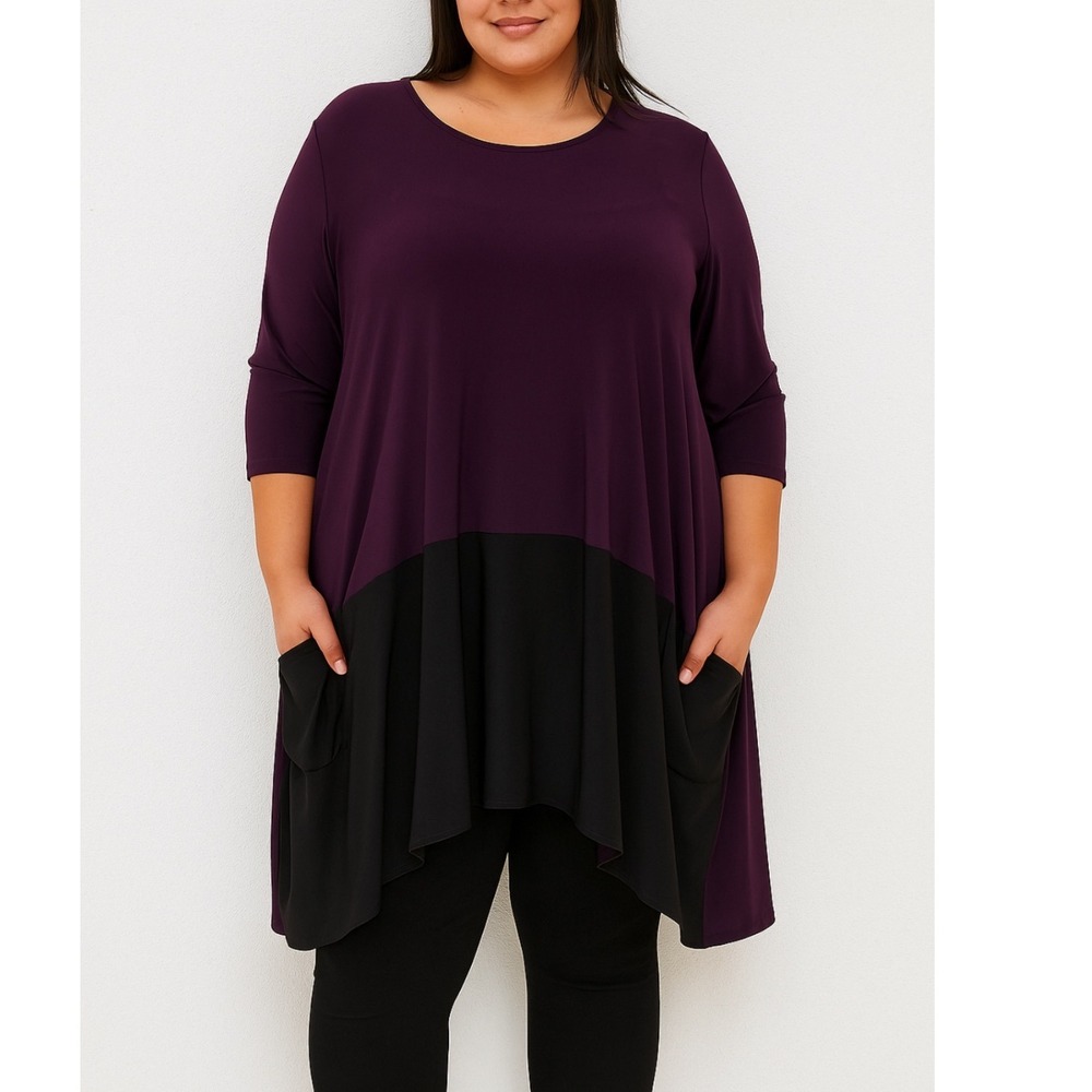 Sun Kim Women's‎ Tunic Dress Size L Purple Black 3/4 Sleeve Pockets USA Made